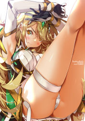 Rule 34 | 1girl, armor, armpits, arms up, artist name, ass, blush, breasts, cameltoe, closed mouth, dress, elbow gloves, eyes visible through hair, faulds, feet out of frame, gloves, hair over one eye, kneepits, large breasts, legs up, looking at viewer, mythra (xenoblade), orange eyes, panties, short dress, skindentation, sleeveless, solo, swept bangs, sydus, thigh strap, thighs, tiara, underwear, upskirt, white gloves, white panties, xenoblade chronicles (series), xenoblade chronicles 2