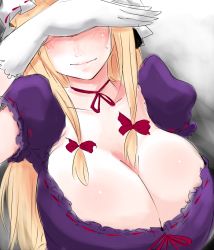 Rule 34 | 1girl, blonde hair, blush, bow, breasts, choker, cleavage, covering face, covering own eyes, embarrassed, female focus, gloves, hair bow, han (jackpot), hat, huge breasts, large breasts, light smile, sketch, solo, sweatdrop, touhou, twintails, upper body, white gloves, yakumo yukari