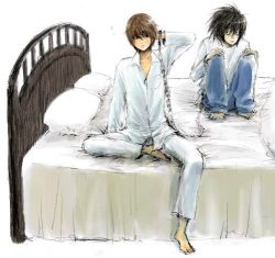 Rule 34 | 00s, barefoot, bed, bed sheet, black hair, brown hair, cuffs, death note, handcuffs, l (death note), pajamas, pillow, sitting, yagami light