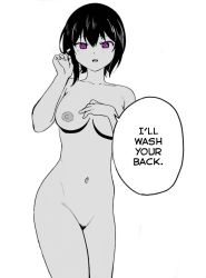 Rule 34 | 1girl, black hair, breasts, english text, female pubic hair, finger in hair, hair ribbon, hand on own chest, lilith (saikin yatotta maid ga ayashii), medium breasts, navel, nipples, nude, nude filter, playing with own hair, pubic hair, purple eyes, ribbon, saikin yatotta maid ga ayashii, short hair, solo, standing, surprised, third-party edit, white background