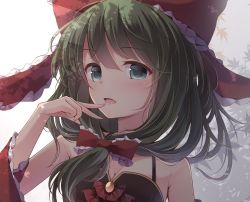 Rule 34 | 1girl, alternate costume, bare shoulders, bow, breasts, cleavage, detached sleeves, dress, finger to mouth, frilled ribbon, frills, front ponytail, green eyes, green hair, hair between eyes, hair bow, hair ribbon, hand to own mouth, kagiyama hina, leaf, long hair, looking at viewer, maple leaf, medium breasts, open mouth, ribbon, sleeveless, sleeveless dress, solo, touhou, toyosaki shu