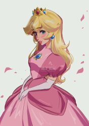 Rule 34 | 1girl, artist name, blonde hair, blue eyes, blue gemstone, blush, breasts, brooch, cowboy shot, crown, dress, earrings, elbow gloves, female focus, gem, gloves, grey background, hair flaps, happy, hele bun, highres, jewelry, lips, lipstick, long hair, looking at viewer, makeup, mario (series), nintendo, nose blush, own hands together, parted lips, petals, pink dress, pink lips, princess peach, puffy short sleeves, puffy sleeves, red gemstone, short sleeves, sidelocks, simple background, small breasts, smile, solo, sphere earrings, standing, teeth, watermark, white gloves, yellow headwear