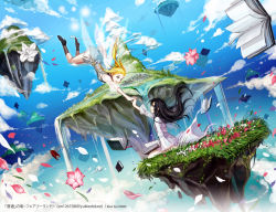 Rule 34 | 2girls, :d, bad id, bad pixiv id, black hair, blonde hair, blue sky, book, day, dress, fairy wings, floating, floating island, flower, green eyes, kneehighs, long hair, multiple girls, nakbe, open mouth, original, own hands clasped, own hands together, ponytail, sky, smile, socks, vocaloid, water, waterfall, wings