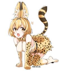 Rule 34 | all fours, animal ears, belt, black belt, blonde hair, boots, bow, bowtie, breasts, fang, gloves, kemono friends, knees together feet apart, large breasts, medium hair, miyako no gohan, open mouth, print bow, print bowtie, print gloves, print skirt, print thighhighs, serval (kemono friends), serval print, shirt, sideboob, simple background, skin fang, skindentation, skirt, sleeveless, sleeveless shirt, tail, thighhighs, tongue, tongue out, twitter username, watermark, white background, white footwear, white shirt, yellow bow, yellow bowtie, yellow eyes, yellow gloves, yellow skirt, yellow thighhighs