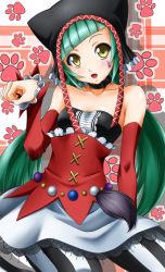 Rule 34 | 1girl, bare shoulders, cat food (vocaloid), detached sleeves, green hair, hatsune miku, highres, long hair, open mouth, pantyhose, project diva (series), project diva f, solo, striped clothes, striped pantyhose, sumeragi tomo, twintails, vertical-striped clothes, vertical-striped pantyhose, vocaloid, yellow eyes