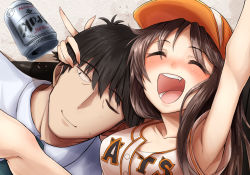 Rule 34 | 10s, 1boy, 1girl, ^ ^, alcohol, arm up, armpits, baseball cap, baseball jersey, beer, beer can, black hair, brown hair, can, closed eyes, drink can, drunk, fang, hair ornament, hairclip, hand on head, hat, head on another&#039;s shoulder, himekawa yuki, idolmaster, idolmaster cinderella girls, jersey, morino shoutarou, necktie, one eye closed, open mouth, producer (idolmaster), producer (idolmaster cinderella girls anime), smile