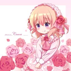 Rule 34 | 1girl, :q, blush, bow, brown hair, character name, closed mouth, commentary request, dated, dress, flower, gochuumon wa usagi desu ka?, goth risuto, hair between eyes, hoto cocoa, lolita fashion, long sleeves, looking at viewer, pink background, pink bow, pink dress, pink flower, pink rose, puffy long sleeves, puffy sleeves, purple eyes, red flower, red rose, rose, smile, solo, tongue, tongue out, twitter username, two-tone background, white background