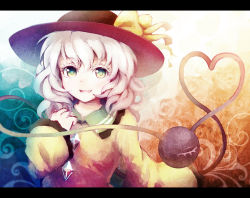 Rule 34 | 1girl, bad id, bad pixiv id, bow, dise (psychoro), green eyes, hat, hat bow, heart, heart of string, highres, komeiji koishi, letterboxed, long sleeves, looking at viewer, open mouth, shirt, silver hair, smile, solo, third eye, touhou, upper body, wide sleeves