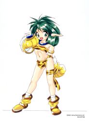 Rule 34 | 1990s (style), 1girl, animal hands, animal print, bracelet, chip-chan kick!, copyright name, copyright notice, full body, gloves, green eyes, green hair, highres, jewelry, long hair, looking at viewer, navel, neck ring, official art, open mouth, paw gloves, pointy ears, retro artstyle, simple background, solo, standing, strapless, tiger print, tube top, white background, yanagi hirohiko