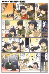Rule 34 | !, ..., 6+girls, abyssal ship, aged down, akagi (kancolle), arms up, basket, black hair, blanket, blue hair, blunt bangs, bow, bow (weapon), brown hair, building, character doll, chibi, closed eyes, collar, comic, commentary request, crescent moon, crying, crying with eyes open, dress, fish, flying sweatdrops, food, fork, frown, fruit, futon, green eyes, green hair, hair down, hair ribbon, hands on own hips, headgear, highres, hisahiko, holding, holding basket, holding bow (weapon), holding weapon, horns, hug, i-class destroyer, japanese clothes, kaga (kancolle), kantai collection, katsuragi (kancolle), kitakami (kancolle), kneeling, lifting person, long sleeves, lying, mittens, moon, multiple girls, nagato (kancolle), night, night sky, northern ocean princess, on back, open mouth, outstretched arms, pajamas, plate, pleated skirt, ponytail, ribbon, rigging, school uniform, seiza, serafuku, short sleeves, shoukaku (kancolle), side ponytail, sidelocks, sitting, skirt, sky, sleeping, smile, spoken ellipsis, spoken exclamation mark, standing, standing on liquid, sunset, sweatdrop, table, tears, thighhighs, translation request, twintails, weapon, white hair, window, yumi (bow), zuikaku (kancolle)