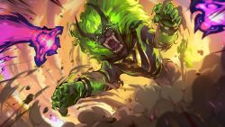Rule 34 | animal, claws, cloud, green eyes, green hair, highres, horns, league of legends, long hair, looking at viewer, nidalee, official art, open mouth, sharp teeth, smoke, solo, soul fighter nidalee, teeth