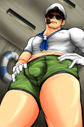 Rule 34 | 1boy, bara, beard, black-framed eyewear, boxers, bulge, chris redfield, covered erect nipples, facial hair, feet out of frame, foreshortening, from below, green male underwear, hands on own hips, hat, looking at viewer, male focus, male underwear, mature male, midriff peek, muscular, muscular male, no pants, official alternate costume, osu (osumankokuou), pectorals, resident evil, resident evil: revelations, sailor, sailor collar, sailor hat, sailor shirt, shirt, short hair, smoking pipe, solo, sunglasses, thick thighs, thighs, underwear