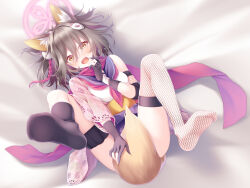 Rule 34 | 1girl, animal ear fluff, animal ears, ass, bed sheet, black gloves, black hair, blue archive, blush, commentary request, covering privates, covering crotch, eyeshadow, feet, fingerless gloves, fox ears, fox girl, fox hair ornament, fox tail, gloves, hadanugi dousa, hair between eyes, hair ornament, halo, highres, izuna (blue archive), japanese clothes, kimono, legs, legs up, long sleeves, looking at viewer, lying, makeup, medium hair, midorino eni, ninja, no shoes, on back, one side up, open clothes, open kimono, pleated skirt, pom pom (clothes), pom pom hair ornament, school uniform, serafuku, sidelocks, skirt, sleeveless, soles, solo, tail, toes, yellow eyes