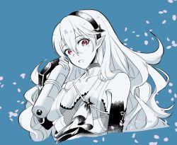 Rule 34 | 1girl, :d, blue background, breasts, cherry blossoms, choker, cleavage, collarbone, corrin (female) (fire emblem), corrin (fire emblem), cropped torso, elbow gloves, fingerless gloves, fire emblem, fire emblem fates, fishnets, floating hair, gloves, hair between eyes, hairband, highres, holding, holding scroll, karashino, limited palette, long hair, looking at viewer, medium breasts, ninja, nintendo, open mouth, pointy ears, red eyes, scroll, sideboob, smile, solo, twitter username, very long hair