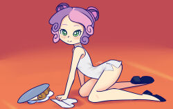 Rule 34 | 1girl, all fours, ass, black footwear, blush, cake, china dress, chinese clothes, cleaning, double bun, drantyno, dress, food, green eyes, hair bun, hasbro, highres, looking at viewer, multicolored hair, my little pony, my little pony: equestria girls, my little pony: friendship is magic, orange background, pink hair, plate, purple hair, shoes, short hair, sleeveless, sleeveless dress, smile, sweetie belle, two-tone hair, white dress