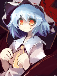 Rule 34 | 1girl, ascot, blush, dress, female focus, frills, hat, looking at viewer, mob cap, puffy short sleeves, puffy sleeves, red eyes, remilia scarlet, short hair, short sleeves, silver hair, solo, tareme, touhou, upper body, white dress, xexu