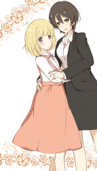 Rule 34 | 2girls, alternate costume, asagao to kase-san, black jacket, blonde hair, blush, breasts, brown hair, bug, butterfly, buttons, collared shirt, couple, dress, flower, formal, hands on another&#039;s hips, happy, height difference, highres, hug, bug, jacket, kase tomoka, large breasts, multiple girls, neck ribbon, office lady, open mouth, pink ribbon, ribbon, shirt, short hair, simple background, skirt, smile, suit, white background, yakata mana, yamada yui, yellow eyes, yuri
