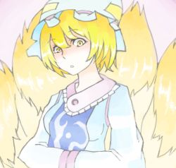 Rule 34 | 1girl, :o, blonde hair, female focus, fox tail, hands in opposite sleeves, hat, koke, koke (moromiso), long sleeves, looking at viewer, mob cap, multiple tails, simple background, solo, tail, touhou, white background, yakumo ran, yellow eyes