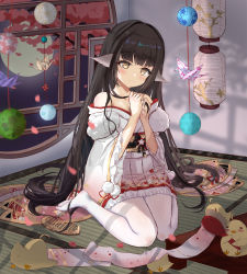 Rule 34 | 1girl, alternate costume, azur lane, black hair, blush, breasts, brown eyes, cleavage, comb, commentary request, fogg009, harutsuki (azur lane), highres, japanese clothes, kimono, long hair, looking at viewer, origami, pantyhose, seiza, sitting, small breasts, smile, white pantyhose