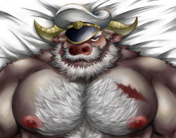 Rule 34 | 1boy, absurdres, ahab (housamo), animal ears, bara, beard, blush, brown hair, chest hair, cow ears, cow horns, dakimakura (object), ears down, facial hair, hat, hat over one eye, highres, horns, large pectorals, looking at viewer, lying, male focus, mature male, minotaur, muscular, muscular male, mustache, nipples, nude, old, old man, on back, pectoral focus, pectorals, pillow, sailor hat, scar, scar on chest, shannai (sugino16), short hair, snout, solo, thick eyebrows, tokyo houkago summoners, white hair