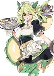 Rule 34 | breasts, cup, daiou medama, dragon girl, dragon tail, food, fruit, highres, holding, holding tray, lemon, lemon slice, looking at viewer, maid, maid headdress, medium breasts, one eye closed, original, parlor dragonmaid, solo, tail, tea, teacup, teapot, tray, yu-gi-oh!