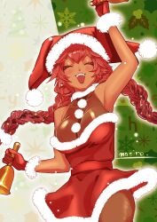 Rule 34 | 1girl, arm up, armpits, bell, blush, braid, brown pantyhose, christmas, christmas tree, christmas tree print, closed mouth, commentary request, dark-skinned female, dark skin, dress, facing viewer, fangs, gloves, green background, hair between eyes, happy, hat, holding, holding bell, jester cap, long hair, lupusregina beta, masiro, merry christmas, mistletoe, mistletoe print, overlord (maruyama), pantyhose, pom pom (clothes), red dress, red gloves, red hair, red hat, santa hat, see-through, see-through dress, sleeveless, sleeveless dress, snow, snowflake print, snowflakes, solo, star (symbol), star print, teeth, twin braids, two-tone background, upper teeth only, v-shaped eyebrows, white background