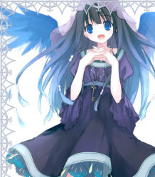 Rule 34 | 1girl, bad id, bad pixiv id, black hair, blue eyes, dress, own hands clasped, jewelry, key, koto (colorcube), long hair, open mouth, original, own hands together, pendant, petticoat, smile, solo, veil, wide sleeves, wings