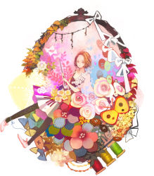 Rule 34 | 1girl, 24 (24phage), black pantyhose, bow, brown eyes, brown hair, bug, butterfly, buttons, camisole, colorful, flower, insect, leaf, original, pantyhose, plant, short hair, sitting, skirt, snowflakes, solo, spool, spoon, thread, vines