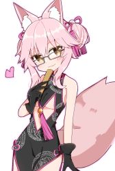 Rule 34 | 1girl, animal ear fluff, animal ears, bare shoulders, black dress, black gloves, blush, breasts, chibi, china dress, chinese clothes, closed mouth, clothing cutout, commentary, cowboy shot, double bun, dress, fate/grand order, fate (series), folded fan, folding fan, fox ears, fox tail, glasses, gloves, hair between eyes, hair bun, hair ornament, hand fan, holding, holding fan, koyanskaya (chinese lostbelt outfit) (fate), koyanskaya (fate), large breasts, looking at viewer, pink hair, rabiiandrain, side slit, sidelocks, simple background, smile, solo, tail, tamamo (fate), tassel, tassel hair ornament, underboob cutout, white background, yellow eyes