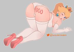 Rule 34 | 1girl, all fours, animated, artist name, ass, ass shake, blonde hair, blue eyes, bra, breasts, come hither, large breasts, legs, lilinyash, lipstick, looking at viewer, looking back, makeup, mario (series), nintendo, nipples, one eye closed, panties, parted lips, ponytail, princess, princess peach, sideboob, smile, super mario bros. 1, tagme, thighs, underwear, video, white background, white panties, wink