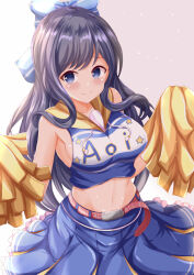 Rule 34 | 1girl, bare shoulders, black hair, blue bow, blue eyes, blue skirt, blush, bow, breasts, character name, cheerleader, closed mouth, clothes writing, commentary request, crop top, drawstring, grey background, hair bow, highres, hood, hood down, long hair, looking at viewer, medium breasts, midriff, misumi aoi, navel, ongeki, pleated skirt, pom pom (cheerleading), sideboob, skirt, smile, solo, star (symbol), striped, striped bow, very long hair, white background, xenon (for achieve)