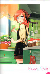 Rule 34 | 10s, 1girl, absurdres, apple, blush, flower, flower pot, food, fruit, hair ornament, hairclip, head scarf, highres, kitchen, ladle, looking at viewer, looking back, love live!, love live! school idol festival, love live! school idol project, nishikino maki, non-web source, november, official art, purple eyes, red hair, ribbon, scan, short hair, skirt, sleeves rolled up, solo