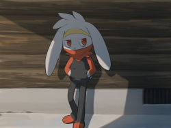 Rule 34 | against wall, arinsu (kodamamaimai), commentary request, creatures (company), game freak, gen 8 pokemon, grate, hands in pockets, highres, looking to the side, nintendo, pokemon, pokemon (creature), raboot, red eyes, shadow, solo, standing, toes