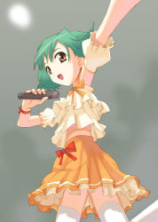 Rule 34 | 00s, 1girl, :d, bow, detached sleeves, frilled skirt, frills, from below, green hair, grey background, holding, holding microphone, macross, macross frontier, microphone, open mouth, orange eyes, orange skirt, outstretched arm, ranka lee, ribbon, shibahime kyou, short hair, skirt, smile, solo, thighhighs, upshirt, upskirt, white thighhighs, wrist ribbon, yamamoto shima
