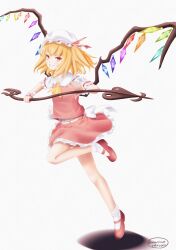 Rule 34 | 1girl, absurdres, ascot, back bow, blonde hair, bobby socks, bow, breasts, collared shirt, crystal, flandre scarlet, frilled skirt, frilled sleeves, frills, full moon, highres, holding, holding polearm, holding weapon, laevatein (touhou), looking at viewer, mary janes, moon, multicolored wings, one side up, open mouth, polearm, puffy short sleeves, puffy sleeves, red eyes, red footwear, red ribbon, red skirt, red vest, ribbon, ribbon-trimmed headwear, ribbon trim, shiroziyake o, shirt, shoes, short sleeves, skirt, skirt set, sleeve ribbon, small breasts, socks, solo, standing, standing on one leg, teeth, touhou, vest, weapon, white background, white bow, white headwear, white shirt, white socks, wings, yellow ascot