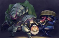Rule 34 | adjusting clothes, adjusting headwear, cape, capelet, clothed pokemon, commentary request, creatures (company), full body, game freak, gen 6 pokemon, gen 7 pokemon, golisopod, green cape, greninja, hat, clothed pokemon, holding lamp, lamp, looking at viewer, mijinko (barabadge), nintendo, no humans, poke ball theme, pokemon, pokemon (creature), standing, striped capelet