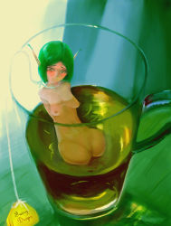 Rule 34 | 1girl, amputee, bath, blush, breasts, breasts apart, cup, english text, fairy, green hair, highres, ikelag, in container, long pointy ears, looking at viewer, mini person, minigirl, nude, pointy ears, pussy, quadruple amputee, short hair, solo, tea