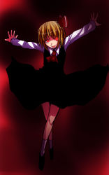 Rule 34 | 1girl, ascot, blonde hair, crossed legs, dress, floating, glowing, glowing eyes, hair ribbon, highres, long sleeves, looking at viewer, neko zukin, open mouth, outstretched arms, red eyes, ribbon, rumia, shirt, shoes, short hair, sketch, socks, spread arms, this is it, touhou, white socks
