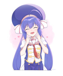 Rule 34 | 1girl, ahoge, artist name, blue hair, blue hat, blue shirt, blush, closed eyes, fang, hair between eyes, happy, hat, heart, highres, large hat, long hair, necktie, open mouth, otomachi una, otomachi una (sugar), pointing, pointing at self, red necktie, red trim, sailor collar, shirt, smile, solo, suiso sn3, twintails, vocaloid, white sailor collar, yellow trim