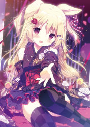 Rule 34 | 1girl, animal ears, arm behind back, bare shoulders, blonde hair, blush, blush stickers, bow, checkered clothes, checkered legwear, cropped legs, detached sleeves, drill hair, flower, hair between eyes, hair bow, hair flower, hair ornament, hair ribbon, highres, kitsune, lolita fashion, long hair, multicolored clothes, non-web source, open mouth, original, outstretched hand, purple bow, red flower, ribbon, scan, shiratama (shiratamaco), sitting, solo, striped ribbon, thighhighs, thighs, twintails, wa lolita, white bow