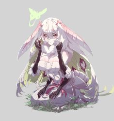 Rule 34 | 1girl, absurdres, antennae, arthropod girl, black sclera, breasts, cleavage, colored sclera, colored skin, extra arms, grass, grey background, hair between eyes, hands on thighs, highres, indie virtual youtuber, insect girl, juniper (artist), juniper actias, large breasts, long hair, monster girl, moth girl, original, patterned hair, sitting, solo, twitter username, virtual youtuber, wariza, white hair, white skin