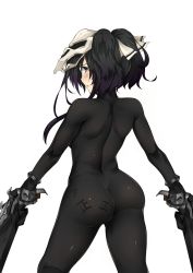 Rule 34 | 1girl, ass, backboob, bba1985, black eyes, black hair, blush, body writing, bodysuit, bow, breasts, cape, dual wielding, from behind, frown, gender request, genderswap, gun, hair bow, highres, holding, huge ass, long hair, looking at viewer, looking back, mask, overwatch, overwatch 1, reaper (overwatch), shiny clothes, skin tight, solo, transparent background, twintails, weapon