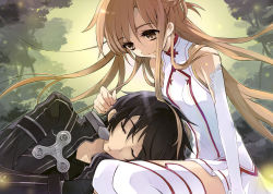 Rule 34 | 10s, 1boy, 1girl, absurdres, asuna (sao), bare shoulders, black hair, brown eyes, brown hair, closed eyes, couple, detached sleeves, end card, hetero, highres, ito noizi, kirito, lap pillow, md5 mismatch, official art, resized, resolution mismatch, scan, sleeping, source larger, sword art online