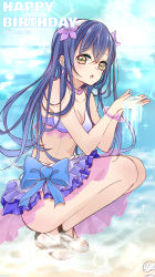 Rule 34 | 1girl, bikini, bikini skirt, birthday, blue hair, bracelet, character name, commentary request, dated, flower, frilled bikini, frills, full body, hair between eyes, hair flower, hair ornament, happy birthday, hibiscus, highres, jewelry, long hair, looking at viewer, love live!, love live! school idol project, natsuiro egao de 1 2 jump!, necklace, open mouth, ribbon, sandals, smile, solo, sonoda umi, squatting, swimsuit, yellow eyes
