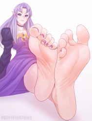 Rule 34 | 1girl, barefoot, choker, fate/stay night, fate (series), feet, foot focus, light purple hair, long hair, looking at viewer, medea (fate), pointy ears, pov, puffypinkpaws, purple eyes, smile, soles, toes