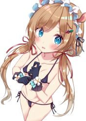 Rule 34 | 1girl, bare shoulders, bikini, black gloves, blue eyes, blush, breasts, brown hair, collarbone, eli conifer, flower, fuji yoshida, gloves, headdress, highres, looking at viewer, low twintails, micro bikini, navel, nijisanji, open mouth, red ribbon, ribbon, simple background, small breasts, solo, standing, stomach, striped bikini, striped clothes, swimsuit, thighhighs, thighs, twintails, virtual youtuber, white flower