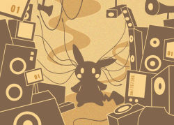 Rule 34 | blush stickers, creatures (company), full body, game freak, gen 1 pokemon, limited palette, looking at viewer, monochrome, nintendo, no humans, pikachu, pokachuu, pokemon, pokemon (creature), screen, sepia, silhouette, speaker, standing, wire