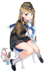Rule 34 | 1girl, absurdres, animal, anmi, armlet, beret, bird, blue footed booby, bow, chair, emblem, full body, garrison cap, glint, hair bow, hat, highres, jacket, kneehighs, loafers, military, military jacket, military uniform, pinstripe pattern, sailor collar, scarf, school uniform, serafuku, shoes, simple background, sitting, skirt, socks, solo, striped, uniform, white background, white socks