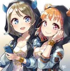 Rule 34 | 2girls, ahoge, bad id, bad pixiv id, blue eyes, blush, bracelet, breasts, cellphone, cleavage, earphones, grey hair, highres, holding, holding phone, hood, hood up, hooded jacket, horned hood, horns, jacket, jewelry, looking at another, looking at viewer, love live!, love live! school idol festival, love live! sunshine!!, medium breasts, multiple girls, open mouth, orange hair, phone, red eyes, shared earphones, short hair, signature, smartphone, smile, studded bracelet, takami chika, takenoko no you, upper body, watanabe you