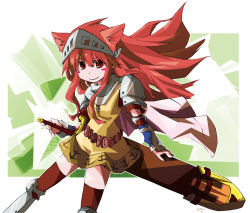Rule 34 | 1girl, animal ears, armor, armored boots, blush stickers, boots, breastplate, brown cape, brown socks, cape, cat ears, closed mouth, commentary request, cross, feet out of frame, greatsword, holding, holding sword, holding weapon, kneehighs, knight (ragnarok online), long hair, looking at viewer, pauldrons, pekomaru, ragnarok online, red eyes, red hair, scabbard, sheath, shoulder armor, smile, socks, solo, sword, vambraces, visor (armor), weapon